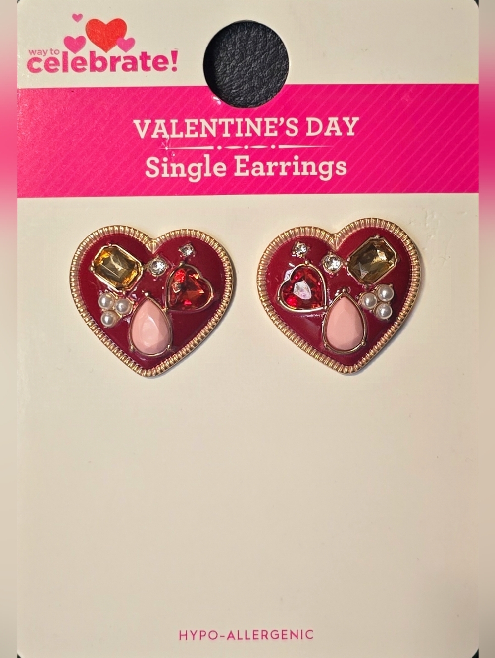 Heart Gem Accent Earrings in Red & Pink - Single Pair